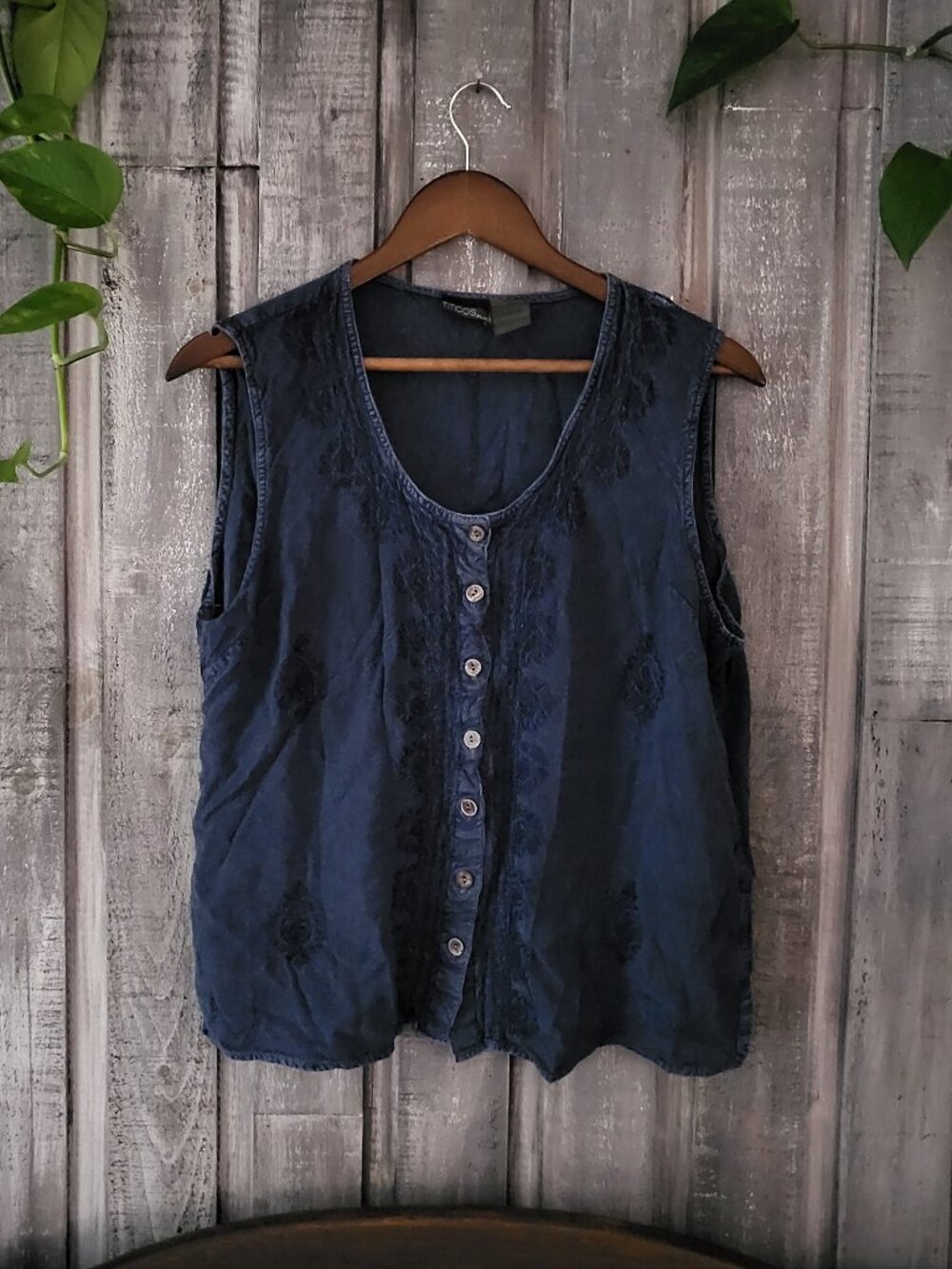 Embroidered Tencel Button Front Tank Top Navy 1X (Fits standard Size Large)